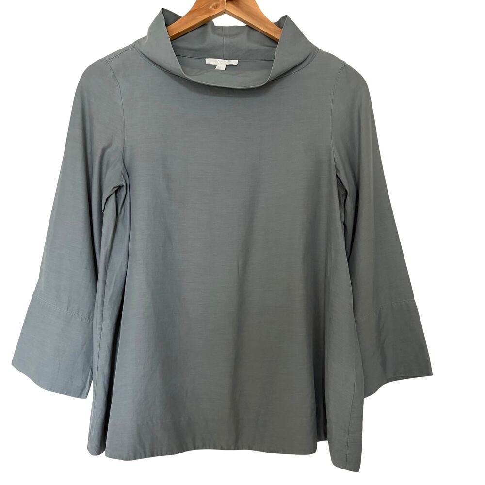 COS Mock Neck Shirt Blouse Blue Gray Size 2 Cupro/ Cotton Blend 3/4 Sleeves